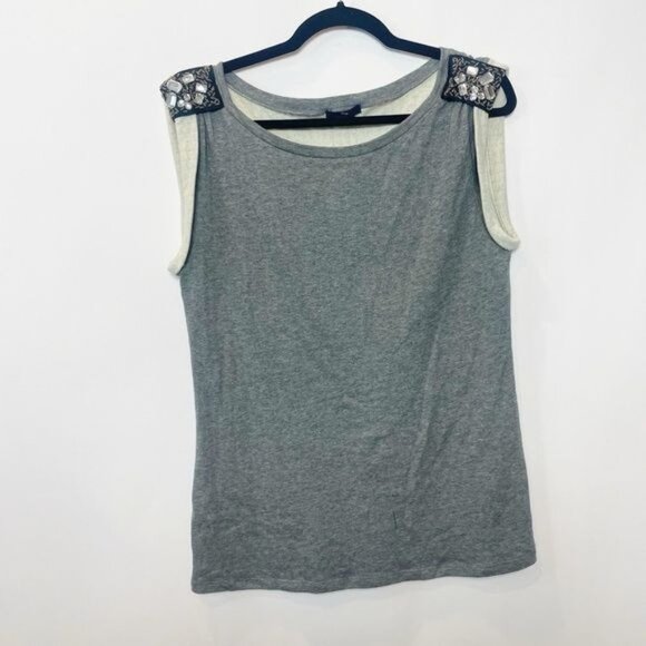 Gap Sleeveless Tank Sweatshirt Embellished Sequin Shoulders Medium Gray Holiday - Picture 2 of 10